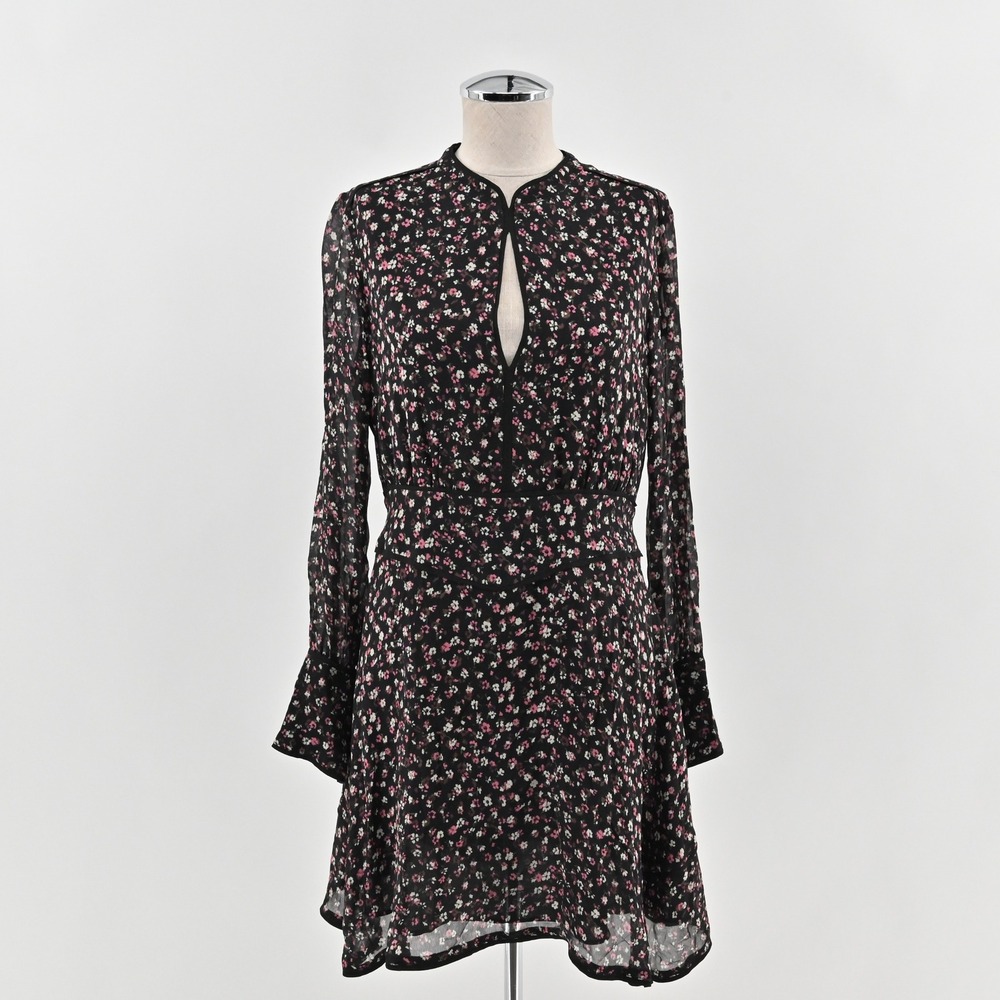 AllSaints‎ Kay Ditz Mini Dress Size 6 Black Micro Floral Romantic Long Sleeve